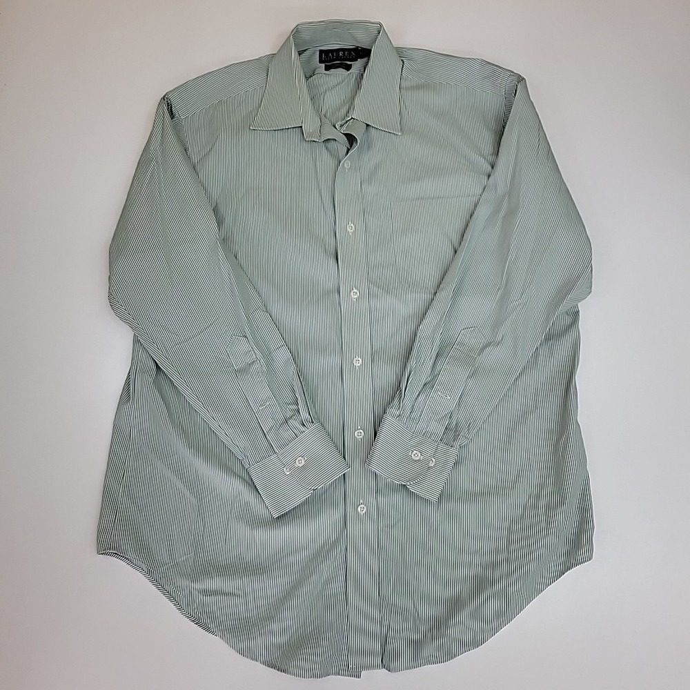 Lauren Ralph Dress Shirt Mens 16 32/33 Green Striped Slim Fit Non Iron Preppy